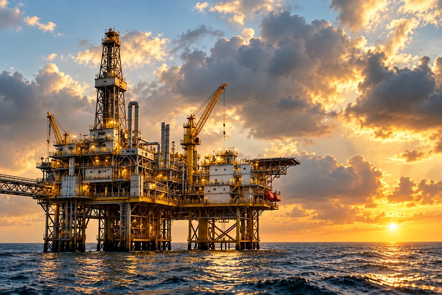 Offshore oil platform at sunset