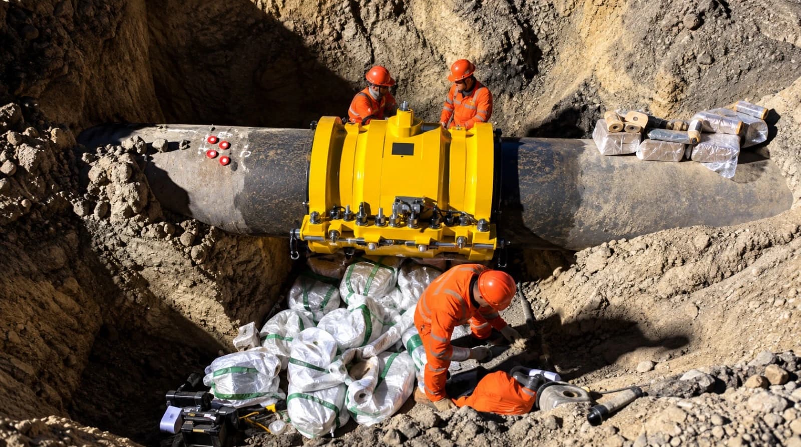 Crew installing a bolted metal sleeve on a buried pipeline