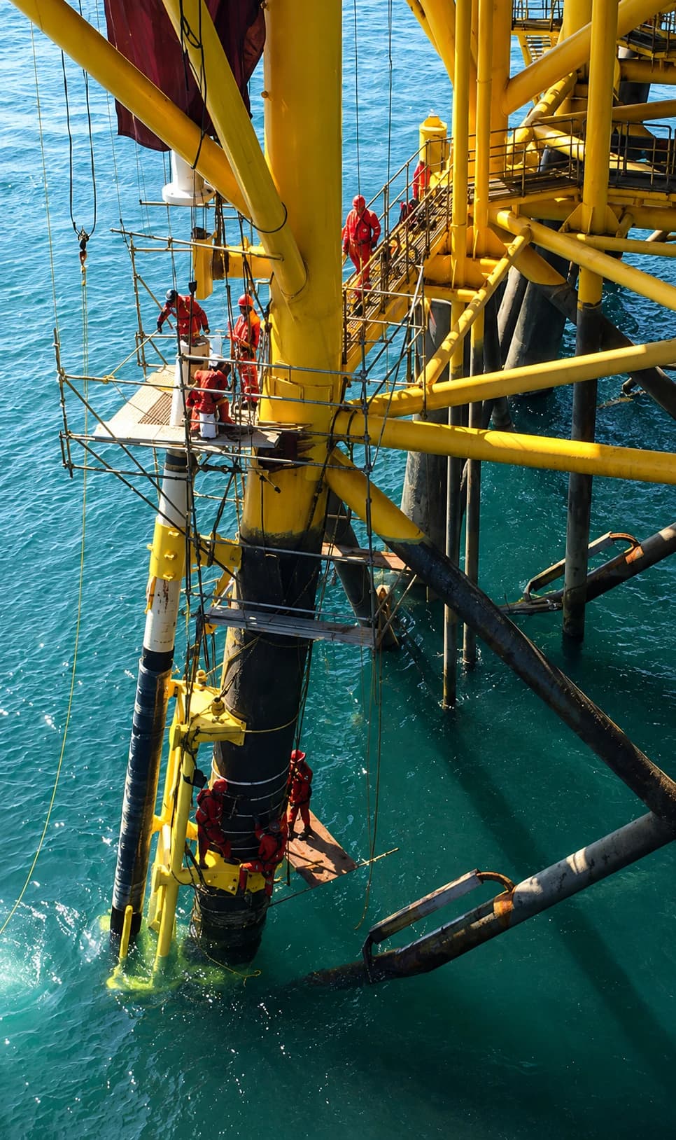 Splash-zone protection being applied to an offshore platform leg